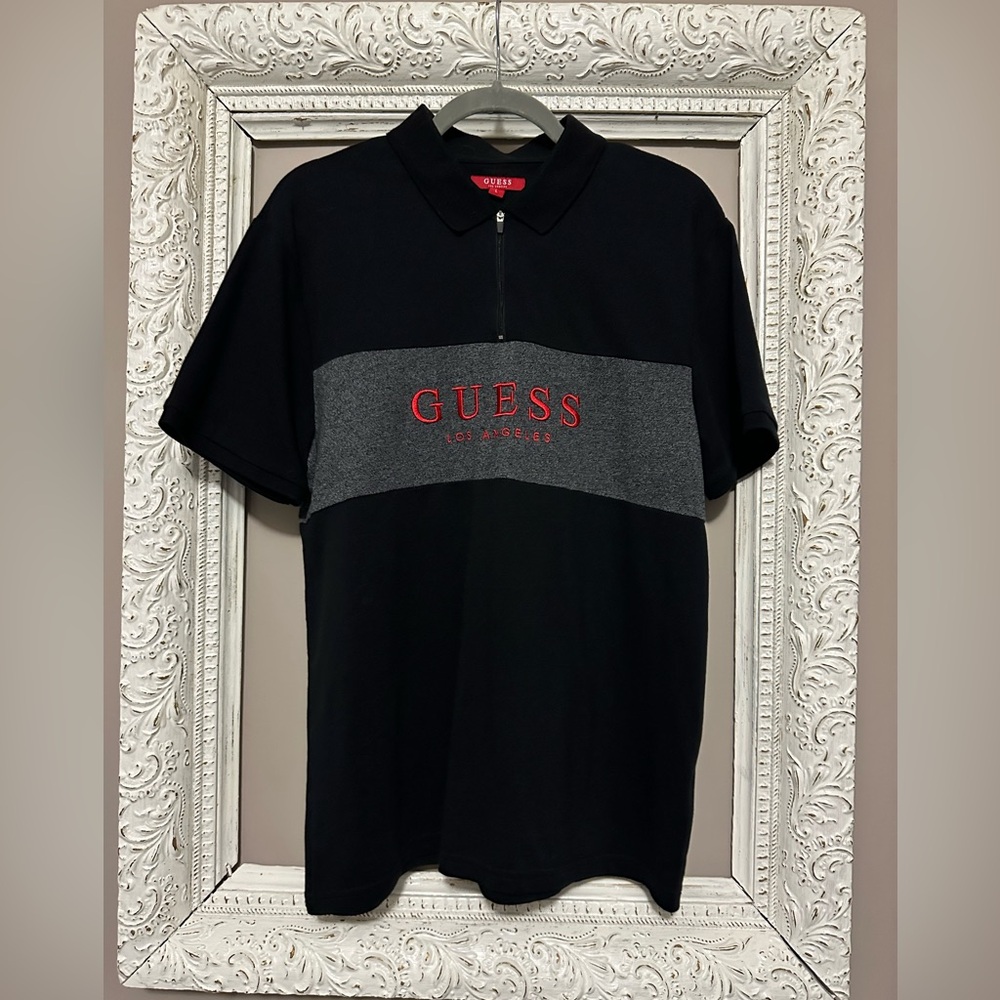 Guess Men's Polo Shirt in Black and Gray with Red Logo. ❣️